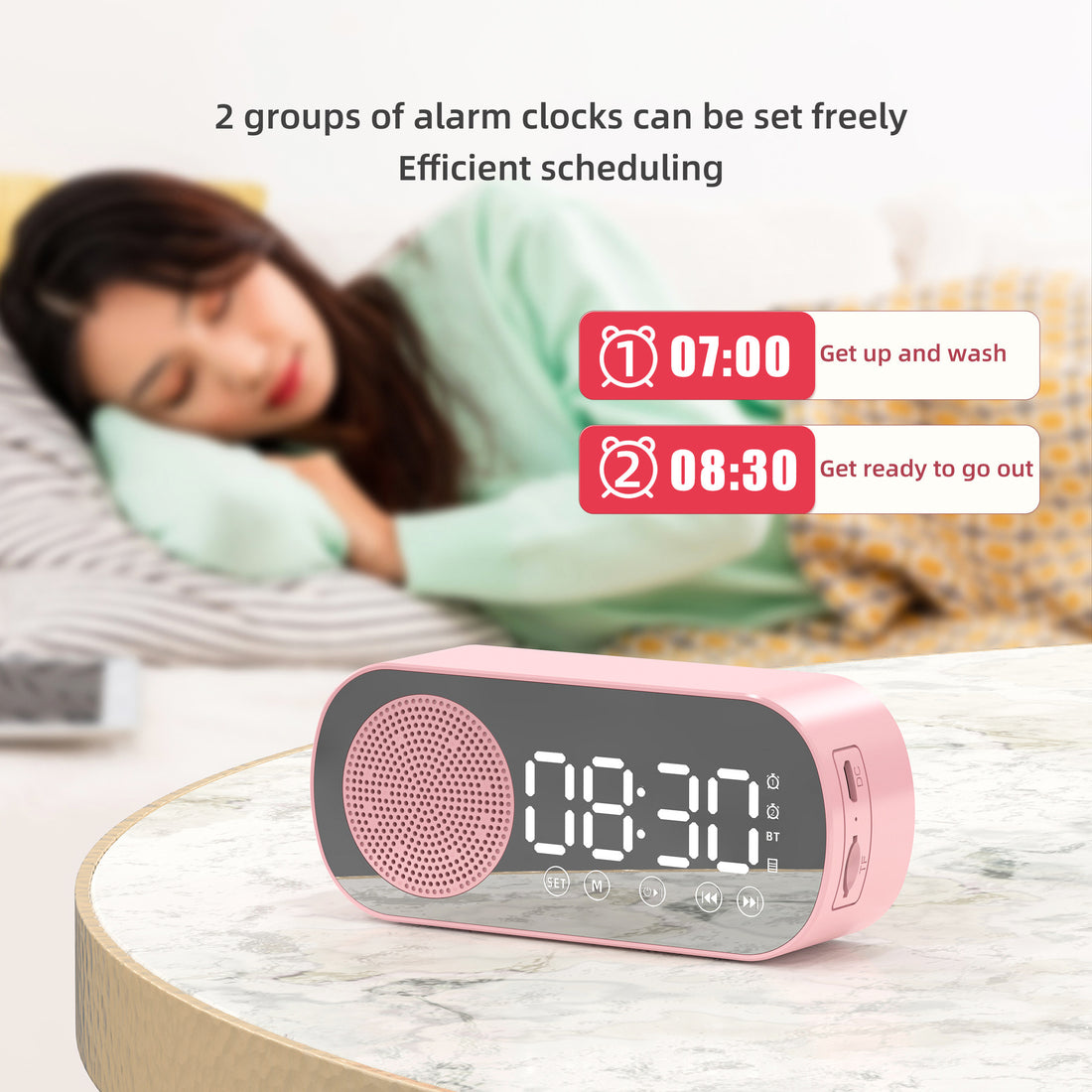 BT Music Alarm Clocks Mirror FM Radio LED Digital Clock 2 Alarm Snooze 24H Electronic Watch Dimming Table Phone Stand USB Clocks